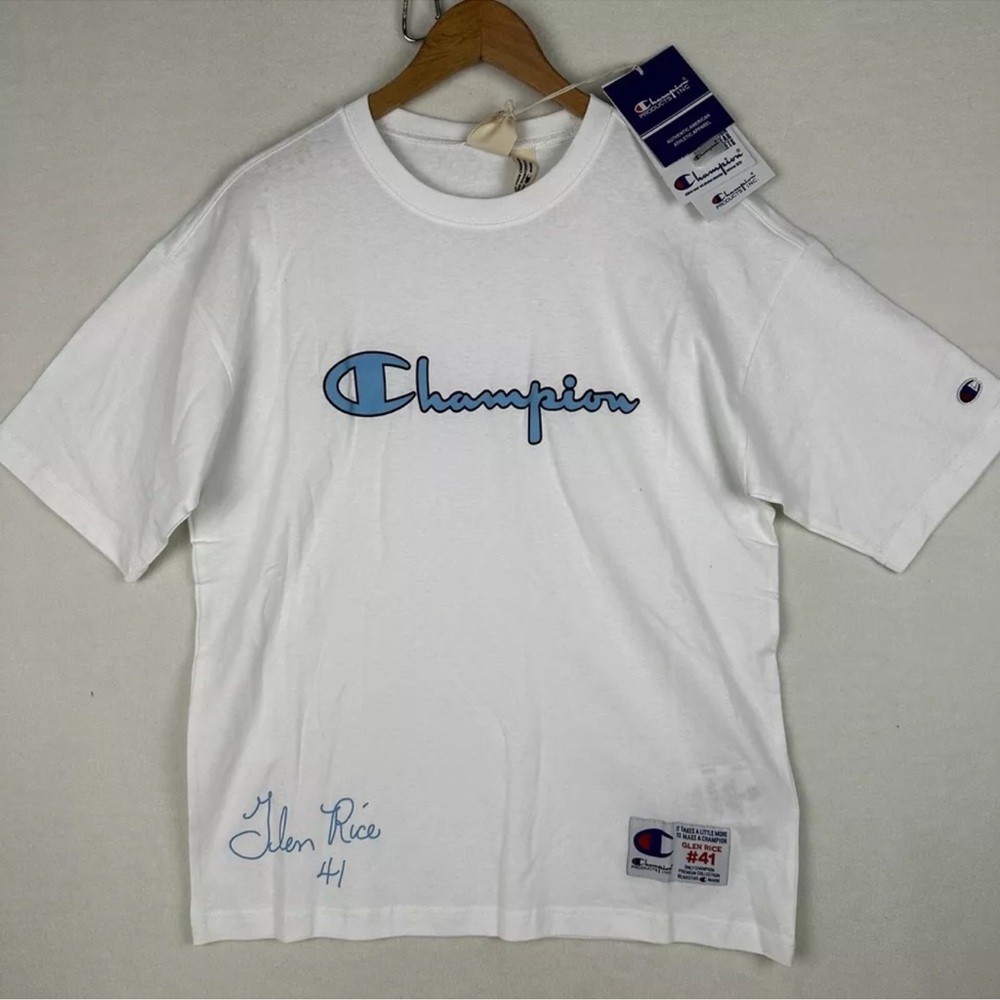 NWT Champion Mens Small Glen Rice 41 T Shirt White Blue Retro Rare Short Sleeve